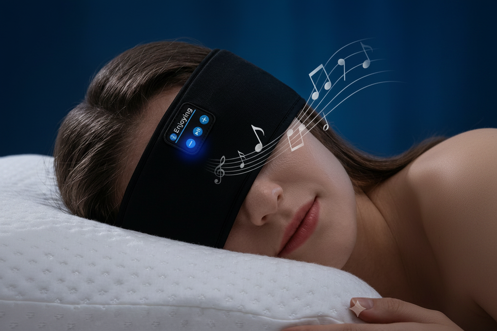 Femme dormant paisiblement avec le bandeau SomnoWave™, ondes sonores bleues